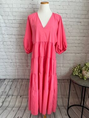 Zara Pink V-Neck Tiered Poplin Oversized Maxi Dress